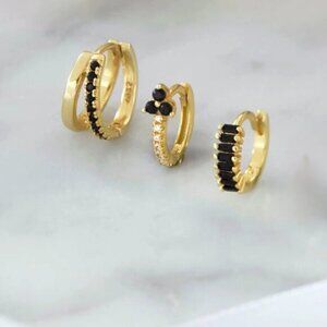 Double Huggie Earrings Gold & Black CZ – Bold 18K Gold Small Hoops for Layering